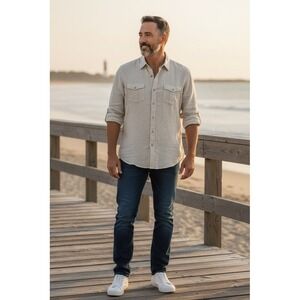 Linen Ocean & Coast Button-Up‎ Shirt Mens XL Beige Long Sleeve Roll-Tab vacation